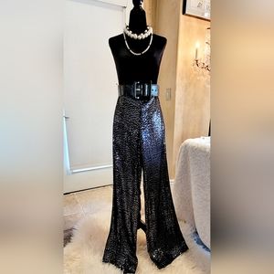 Tory Burch Black Sequined Wide Leg Ginger Pants. 100% Silk, Size 2
